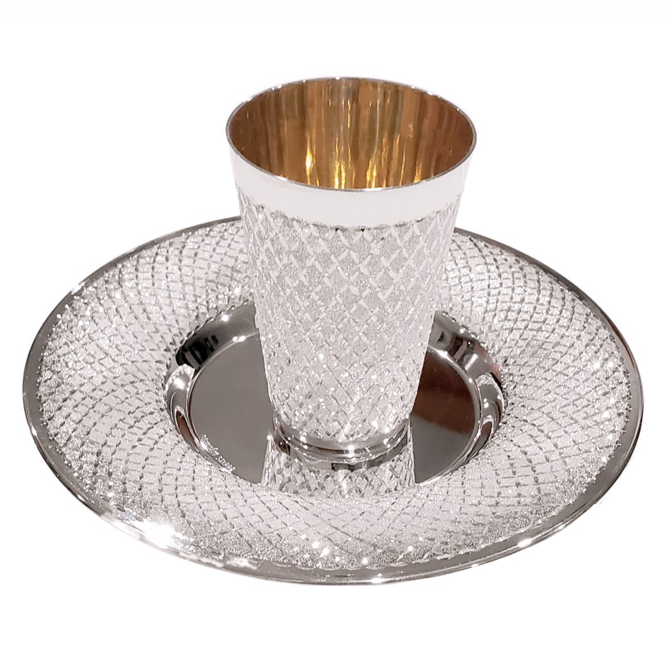 Stylish fine diamond cut silver Kiddush cup set for Chatan with large matching saucer plate for groom.