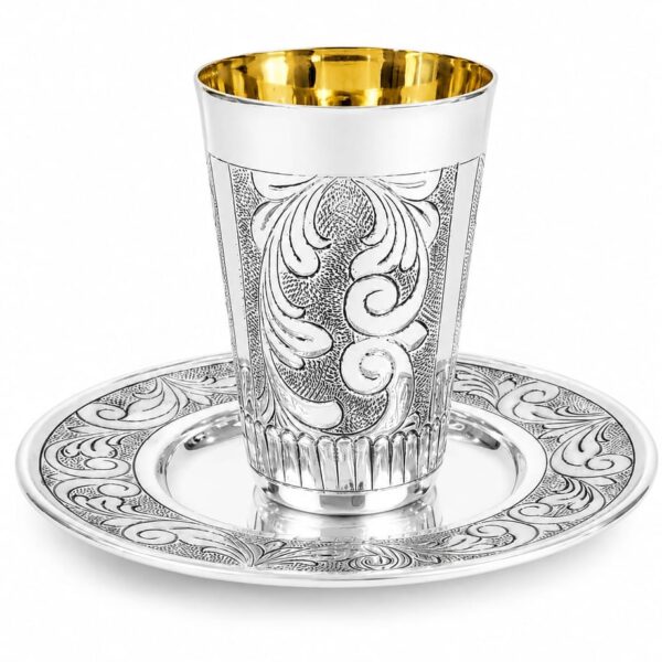 Modern Piccolo Flourish silver Kiddush cup set with matching saucer plate
