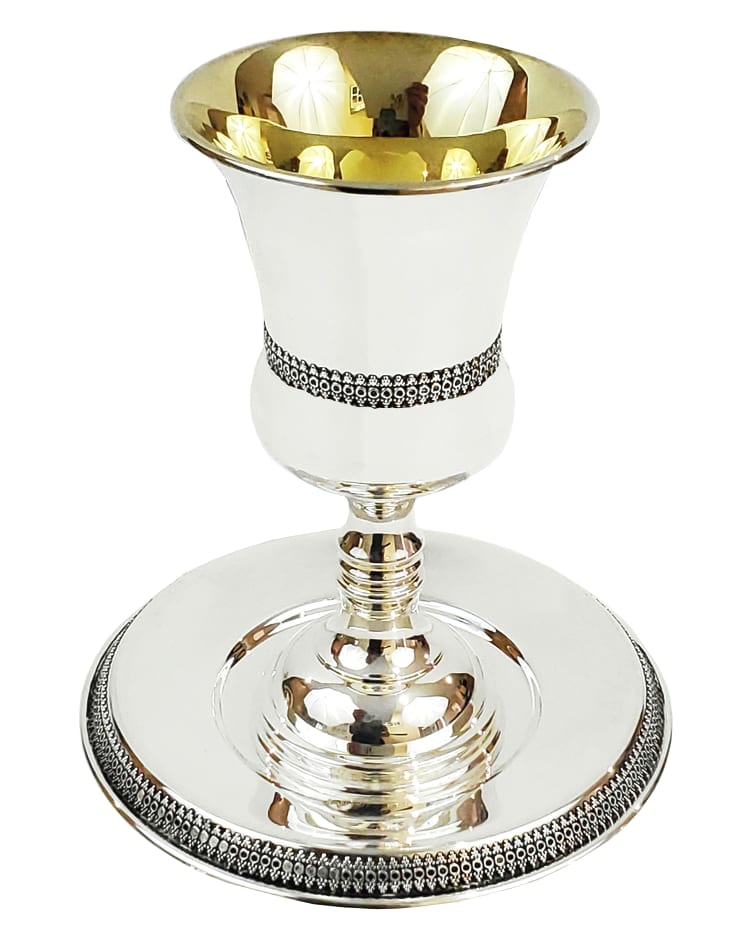 KC-35758F Modern smooth silver Filigree Kiddush goblet set for groom with matching saucer plate.