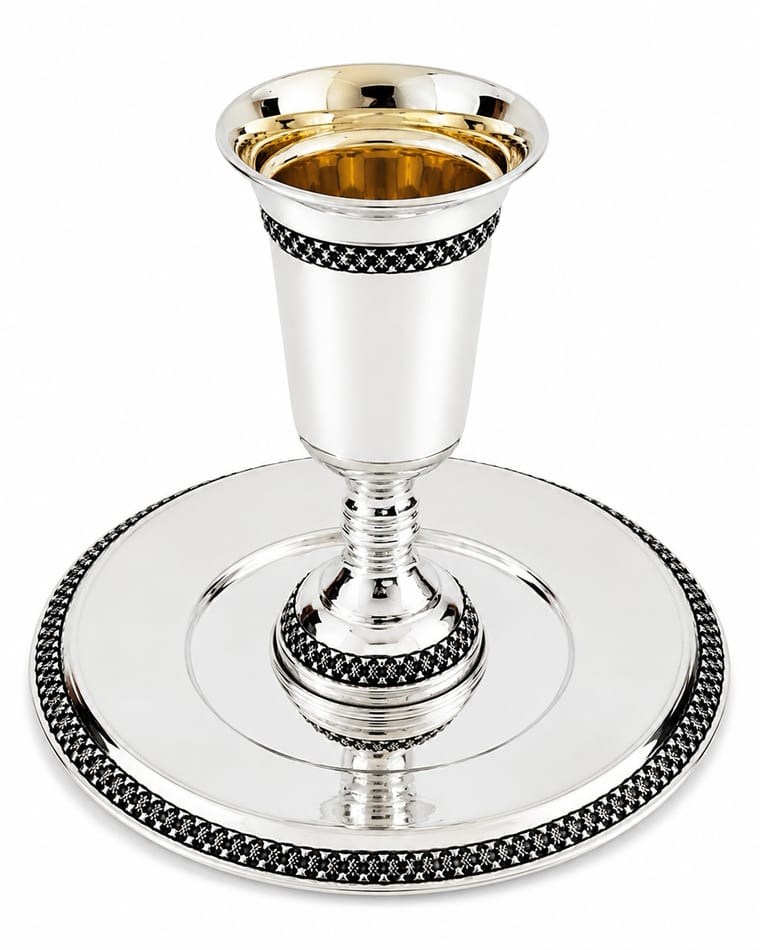 Modern smooth silver Filigree Kiddush goblet set for groom with matching saucer plate.