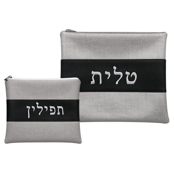 Luxurious linen and leatherette gray tallit and tefillin bag set
