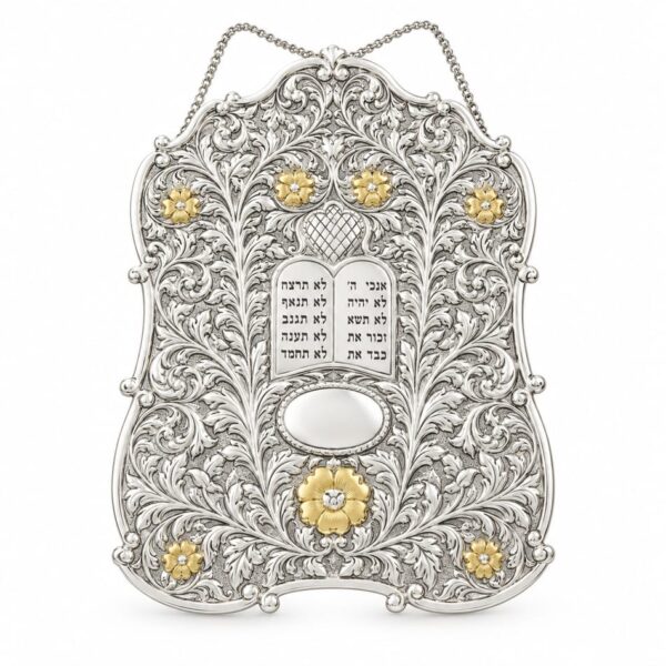 Large Ornate Silver Torah Breastplate with Gold Flowers