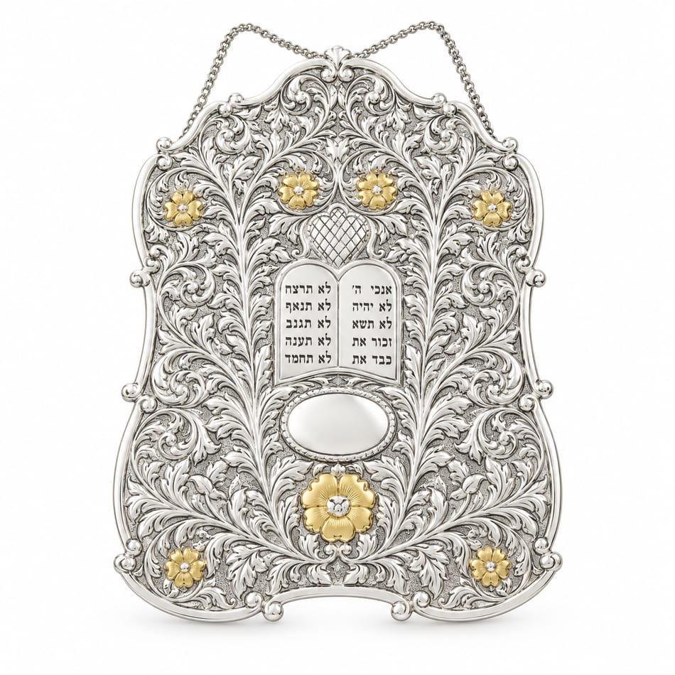 Large Ornate Silver Torah Breastplate with Gold Flowers