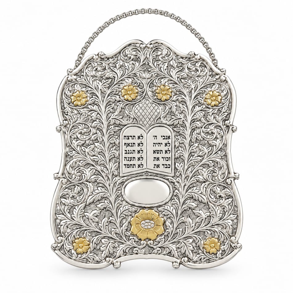 Small Ornate Silver Torah Breastplate with Gold Flowers